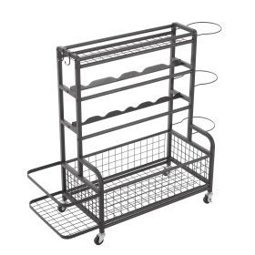 4-Tier Metal Sports Equipment Storage Rack with Rolling Wheels, Baskets & Hooks-for Ball, Yoga Mat & Barbell